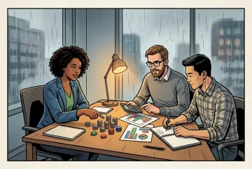 Cartoon Comic Book illustration of a startup team planning cash flow with coins, a calculator, blank charts, and budgeting tokens at a rainy office table.