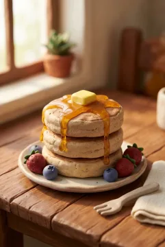 Claymation pancake stack with honey, butter, strawberries, and blueberries on a miniature breakfast table.