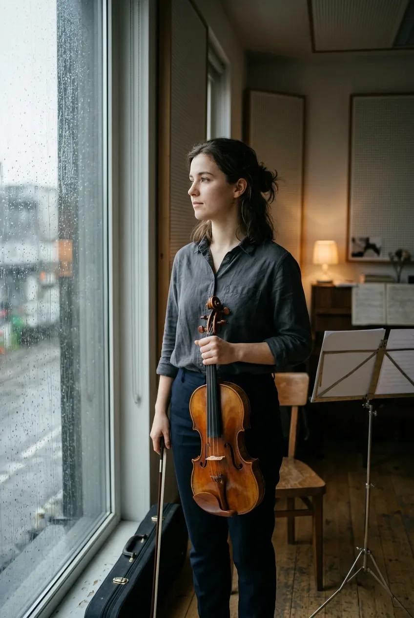 Young violinist holding a wooden violin beside a rain-streaked rehearsal room window in a cinematic portrait.