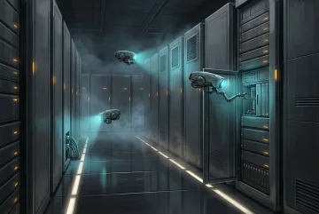 Digital painting of three autonomous repair drones inspecting server cabinets inside a futuristic modular data center.