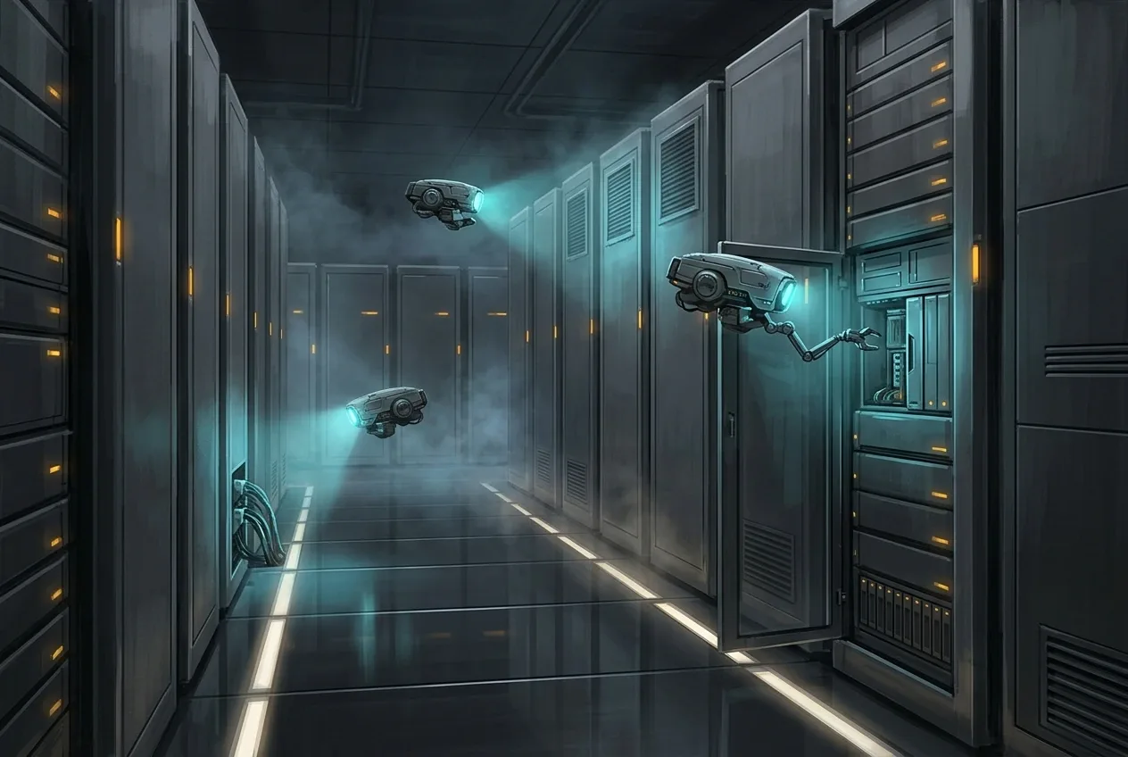Digital painting of three autonomous repair drones inspecting server cabinets inside a futuristic modular data center.