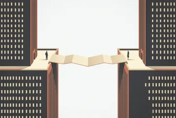 Minimalist graphic illustration of two isolated office towers connected by a narrow folded-paper bridge with small figures standing at opposite ends.