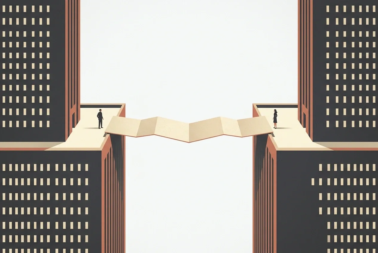 Minimalist graphic illustration of two isolated office towers connected by a narrow folded-paper bridge with small figures standing at opposite ends.