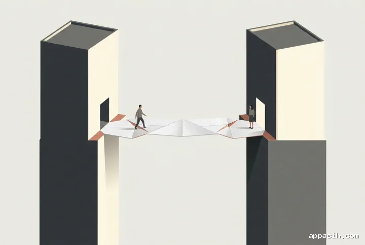Minimalist graphic editorial scene of two office towers linked by a folded-paper bridge, with one small figure stepping onto the bridge toward another figure.