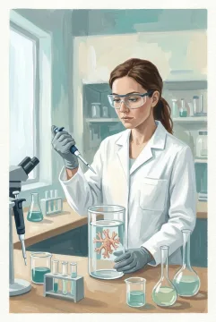 Gouache painting of a biomedical researcher examining a lung organoid culture in a transparent laboratory vessel.