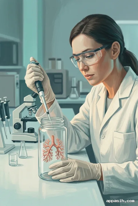 Detailed gouache painting of a biomedical researcher closely examining a lung organoid culture with a pipette in a modern laboratory.