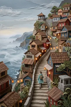 Lone traveler climbing through a lantern-lit cliffside village above a misty coastal bay in layered paper cut papercraft style.