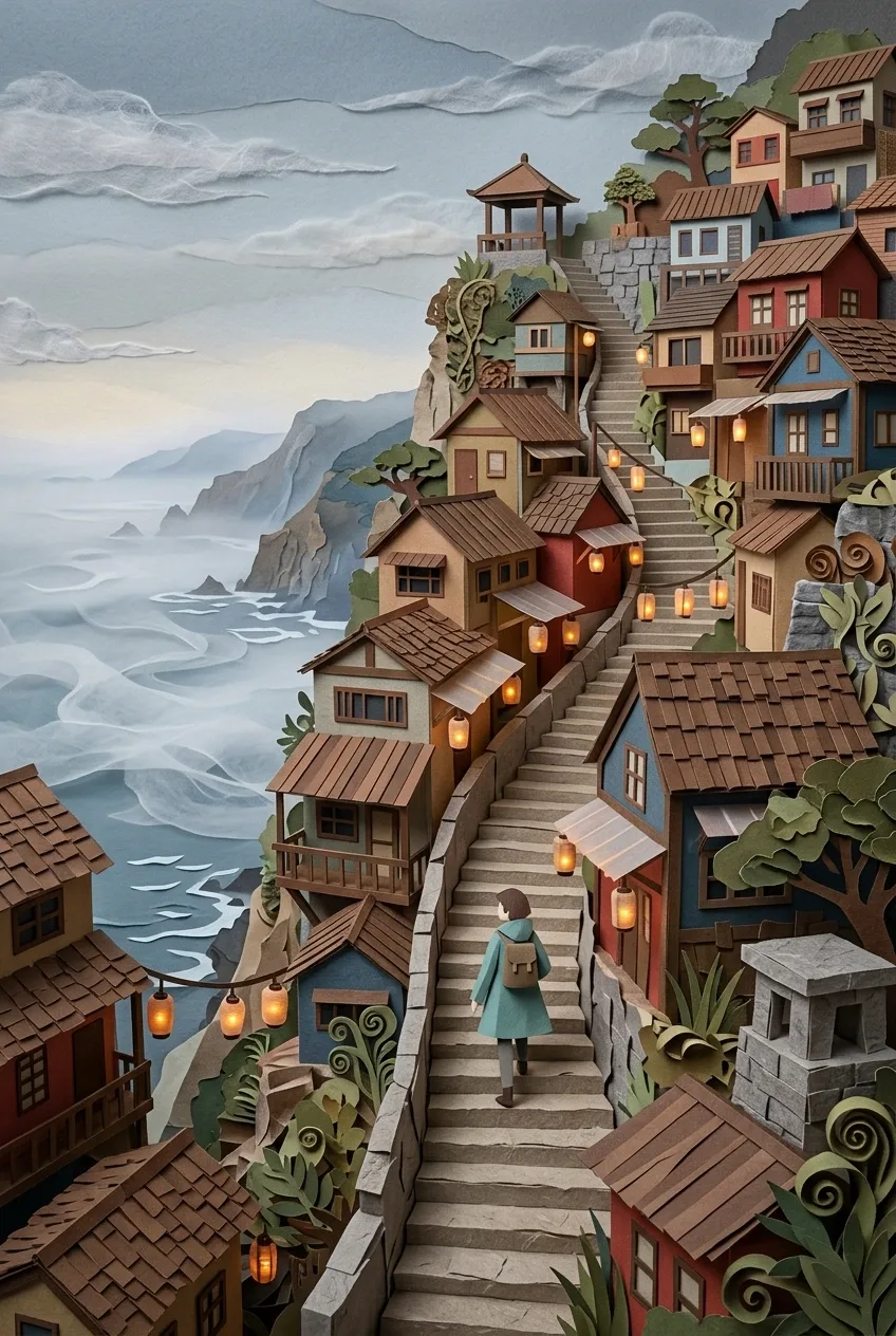 Lone traveler climbing through a lantern-lit cliffside village above a misty coastal bay in layered paper cut papercraft style.