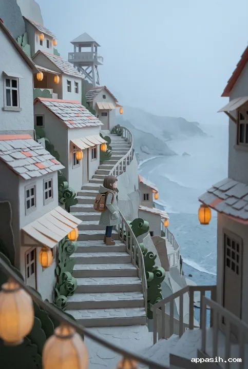 Traveler pausing on a lantern-lit stairway in a layered papercraft cliffside village overlooking a misty coastal bay.