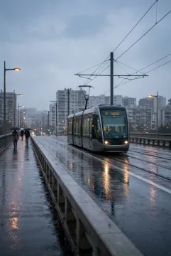 Modern electric tram crossing a rain-slicked urban bridge at dusk with misty buildings, wet pavement reflections, and subtle city lights.