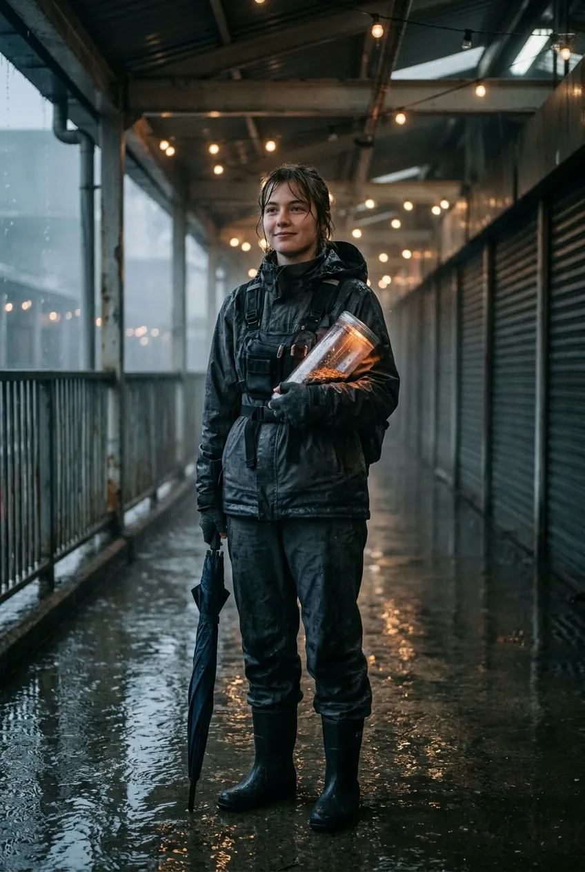 Young rain courier holding a glowing seed capsule in a flooded market corridor with mist, wet concrete, and warm hanging lights.