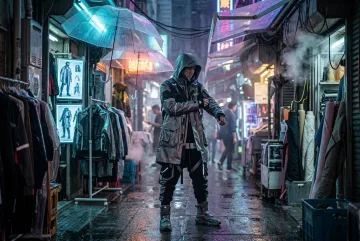 Futuristic tailor in layered cyberpunk streetwear and a sculptural metallic coat standing in a neon-lit rainy night market alley.