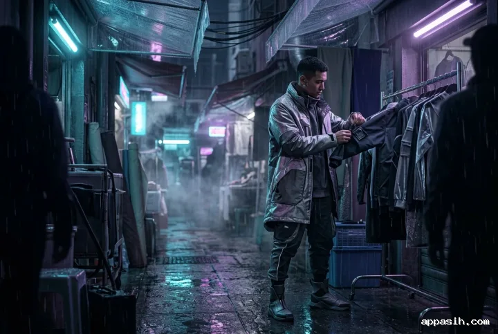 Three-quarter view of the same futuristic tailor fastening a metallic cyberpunk streetwear coat in a rainy neon night market fashion alley.