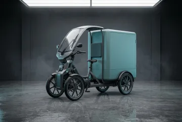 Modern modular electric cargo trike with enclosed storage pod photographed in a wet reflective studio with controlled cool lighting.