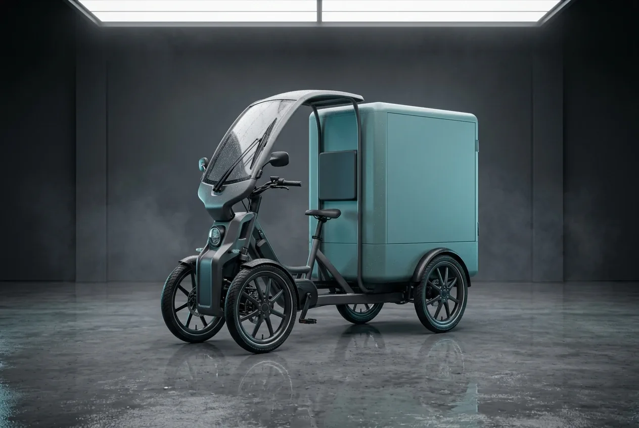 Modern modular electric cargo trike with enclosed storage pod photographed in a wet reflective studio with controlled cool lighting.