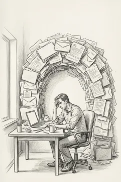 Pencil sketch of an office worker at a desk beneath a towering cascade of envelopes and task sheets symbolizing information overload and deadline pressure.
