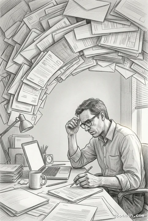 Detailed pencil sketch of the same office worker under an arching wave of paperwork, viewed closer from a three-quarter angle to emphasize deadline pressure and information overload.