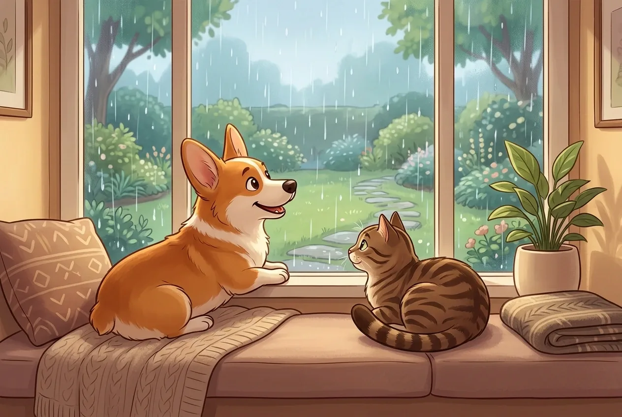 Cartoon corgi and tabby cat sitting together on a cozy window seat and watching rain fall over a green garden.