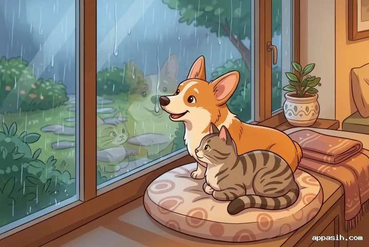 Close cartoon view of a corgi and tabby cat sharing the same rainy window seat, surrounded by warm cushions and a peaceful garden view.