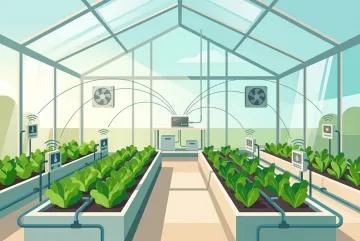 Flat illustration of an autonomous greenhouse sensor network monitoring leafy crops with wireless devices and a central control hub.