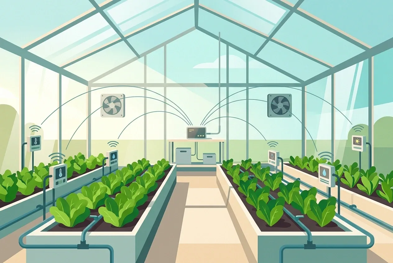 Flat illustration of an autonomous greenhouse sensor network monitoring leafy crops with wireless devices and a central control hub.