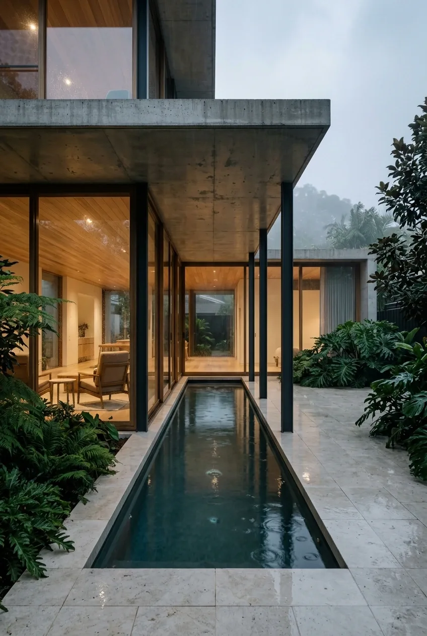 Contemporary courtyard house with a floating concrete canopy, reflecting pool, warm glass-walled interiors, wet stone paving, and tropical plants in evening rain.