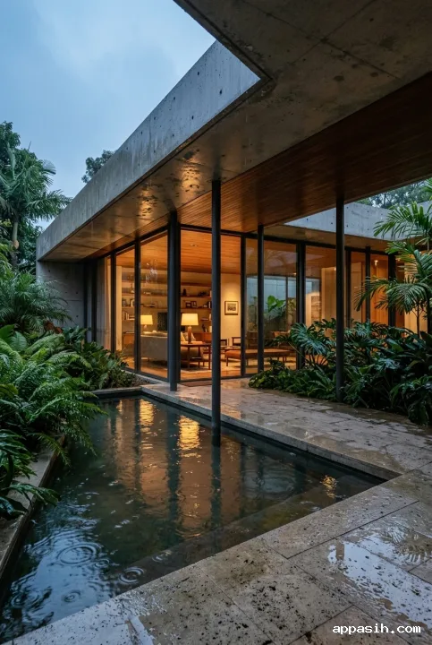 Three-quarter portrait view of the same rainlit contemporary courtyard house with a floating concrete canopy, reflecting pool, warm timber interiors, wet stone paving, and tropical greenery.