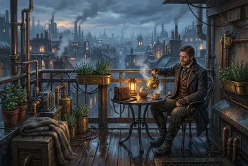 Adult resident pouring tea on a rainy steampunk rooftop terrace with brass planters, copper pipes, mechanical lanterns, and misty industrial rooftops at dusk.