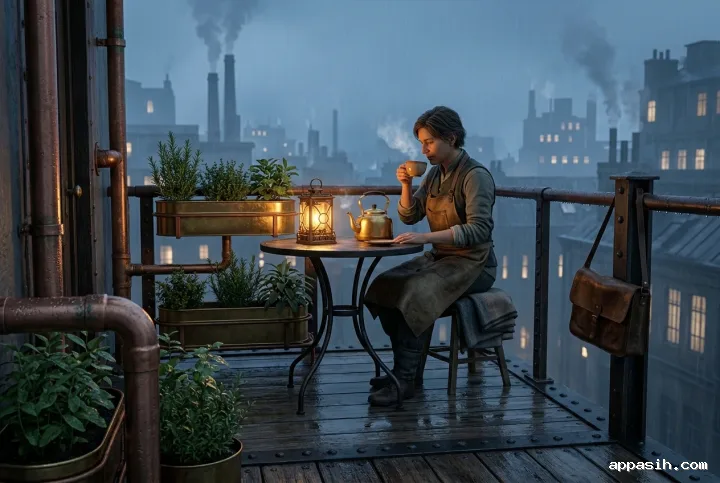 Closer three-quarter view of an adult enjoying tea on the same rainy steampunk rooftop terrace, surrounded by brass herb planters, copper piping, a mechanical lantern, and misty industrial buildings.
