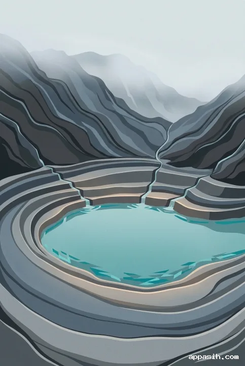Abstract graphic portrait view of the same turquoise crater lake with sweeping mineral terraces, narrow streams, layered volcanic ridges, and soft mountain mist.