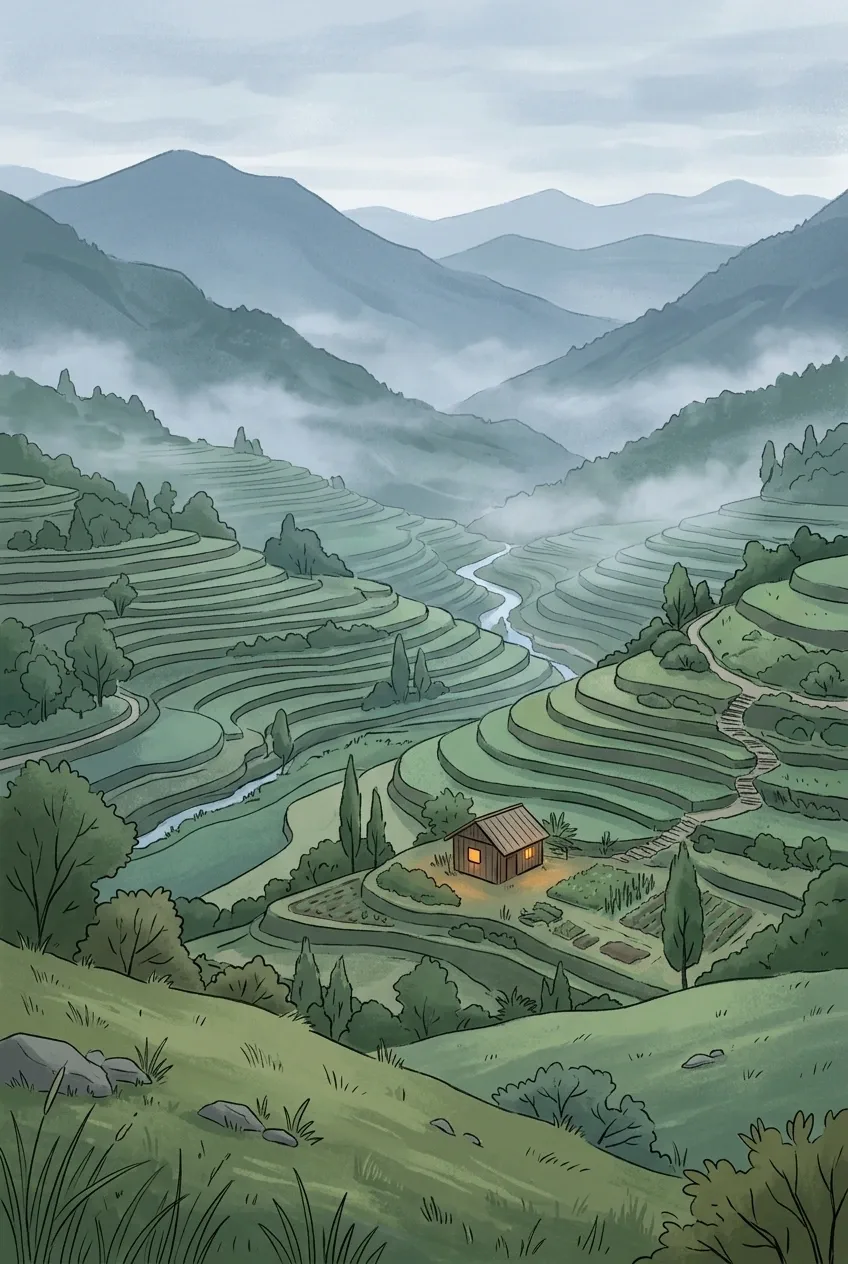 Portrait 2D illustration of a misty mountain terrace valley with a winding stream, layered green slopes, distant blue-gray peaks, and a small glowing hillside shelter.