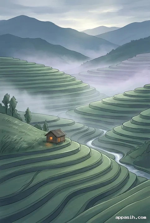 Detailed portrait 2D illustration of the same misty mountain terrace valley, showing a winding stream, layered green slopes, distant blue-gray mountains, drifting dawn fog, and the small warm-lit hillside shelter.