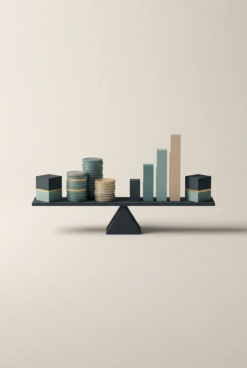 Minimalist graphic of stacked coins, a rising bar chart, and balanced financial blocks representing stable cash flow and business growth.
