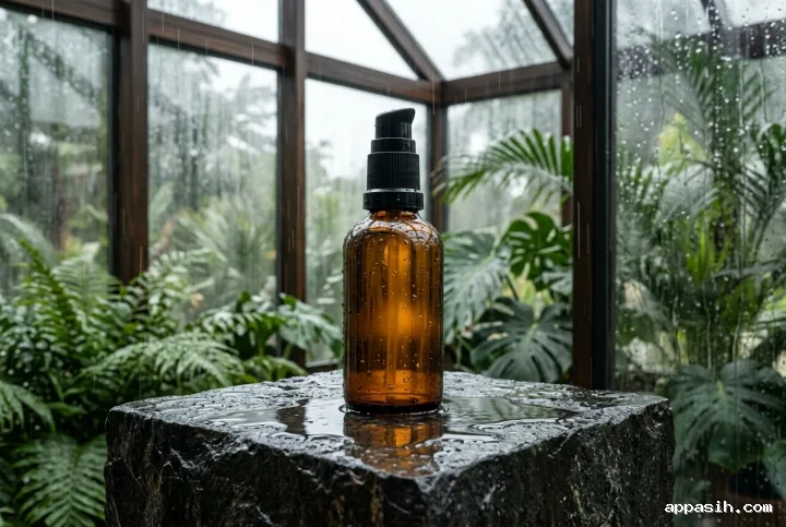 Closer cinematic view of an amber glass skincare pump bottle on the same rain-wet basalt pedestal inside a glass conservatory.