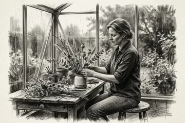 Charcoal drawing of a florist arranging dried botanical stems at a wooden table beside a rain-streaked greenhouse window.