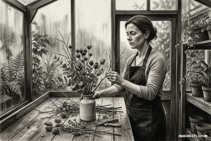 Detailed charcoal drawing of a florist selecting a dried branch at a wooden greenhouse worktable beside a rain-streaked window.