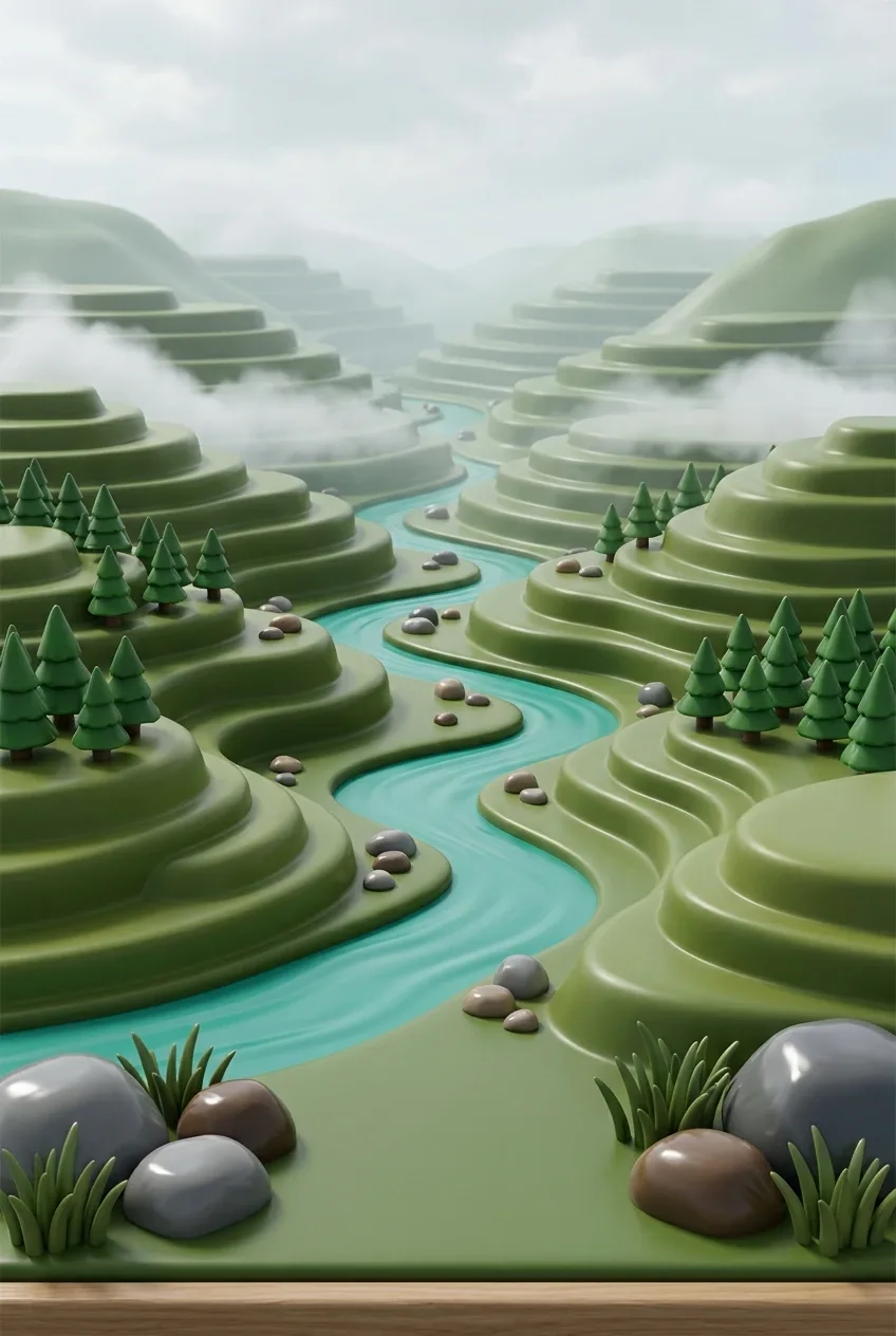3D Plastic Toy Style misty terraced valley with a winding turquoise river, rounded green hills, tiny pine trees, and glossy molded terrain.
