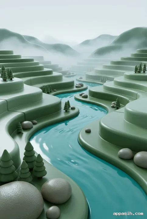 Close portrait view of the same 3D Plastic Toy Style misty terraced valley with a glossy winding turquoise river, molded pine trees, rounded terraces, and soft fog.