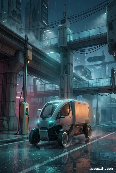 Closer cyberpunk concept art view of an autonomous electric cargo trike passing a charging bay in the same rainy neon transit district beneath elevated tracks and dense futuristic infrastructure.