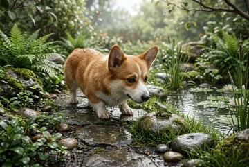 Photorealistic 3D corgi curiously watching a tiny green frog on a wet stone beside a rain-covered garden pond.