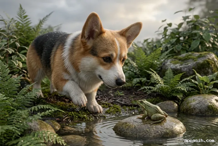 Close photorealistic 3D view of a curious corgi lifting one paw while watching a tiny green frog beside the same rain-soaked garden pond.
