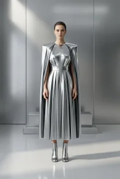Fashion model wearing a sculptural chrome cape dress with flowing metallic pleats inside a minimalist reflective gallery.