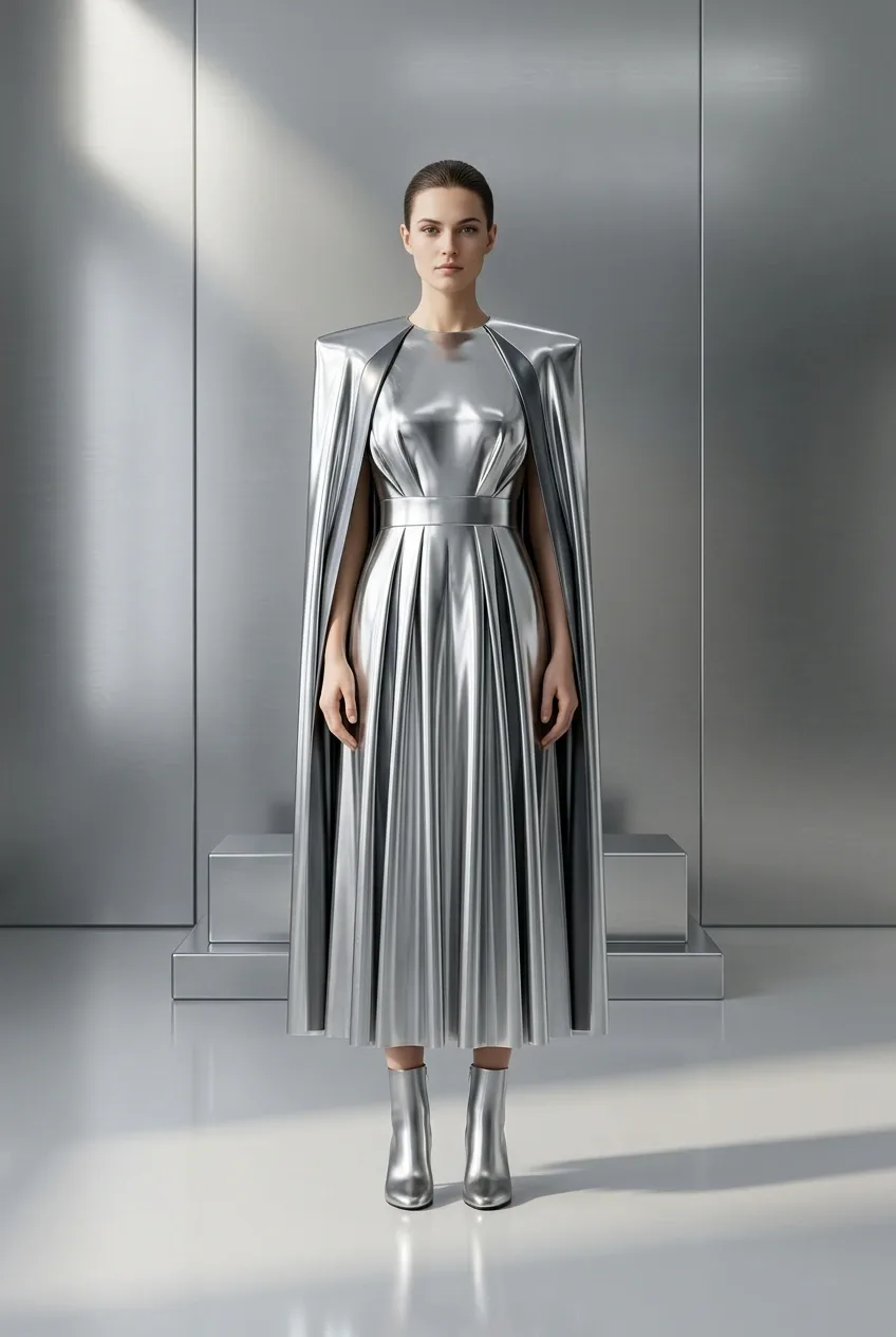 Fashion model wearing a sculptural chrome cape dress with flowing metallic pleats inside a minimalist reflective gallery.