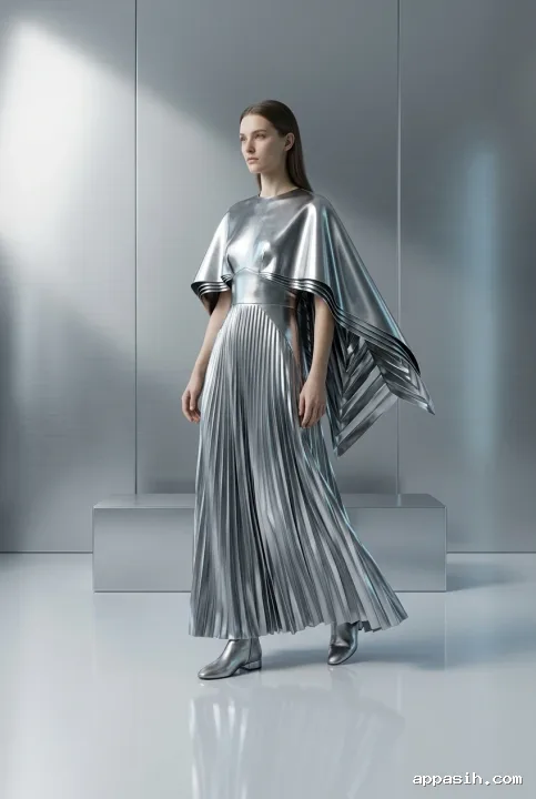 Three-quarter full-body view of a fashion model in a sculptural chrome cape dress turning slightly inside a reflective metallic gallery with cool highlights.