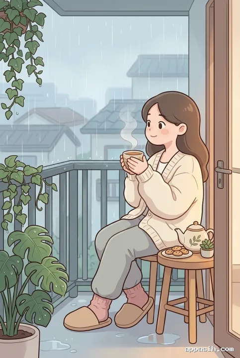 Kawaii cartoon of a young woman holding steaming tea on a cozy rainy apartment balcony with plants, cookies, and soft morning light.