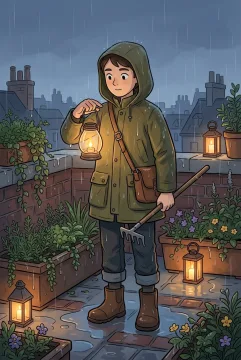Cartoon lantern keeper standing among glowing lanterns and wet plants in a rainy rooftop garden at dusk.