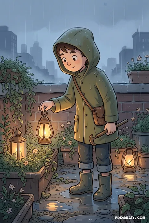 Cartoon lantern keeper adjusting a glowing glass lantern in a rainy rooftop garden with wet plants and amber reflections.
