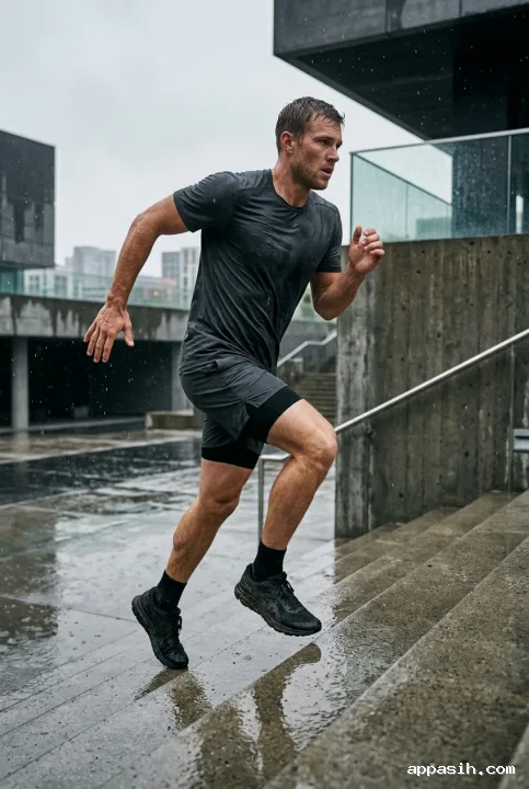 Focused athlete climbing rain-soaked urban stairs during an intense conditioning workout, shown from a lower three-quarter editorial photography angle.