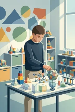 Student examining geometric science models at a modern classroom learning station in a Graphic Geometric illustration.
