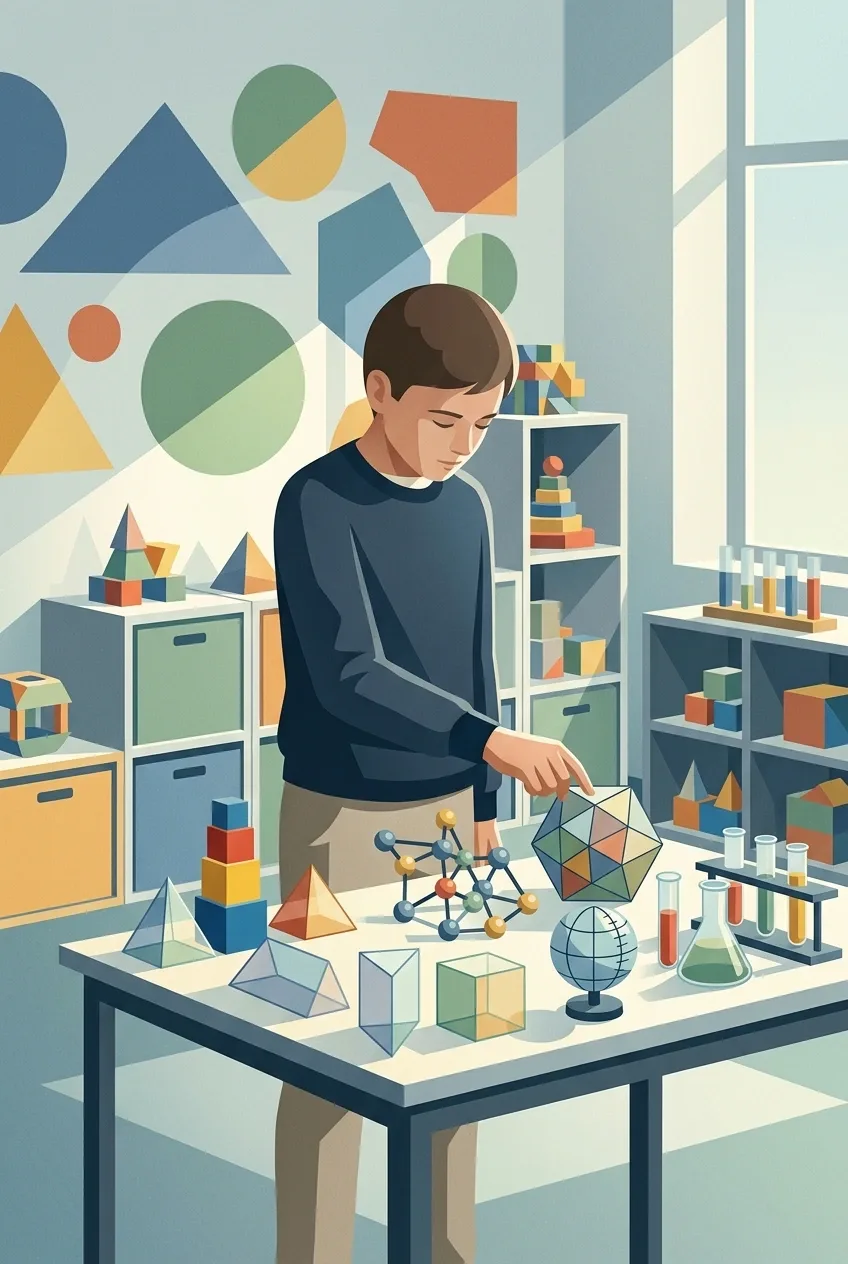 Student examining geometric science models at a modern classroom learning station in a Graphic Geometric illustration.